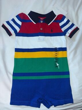 Ralph Lauren Multicolor Stripe Polo Romper in Red, Blue, White, Yellow, Green